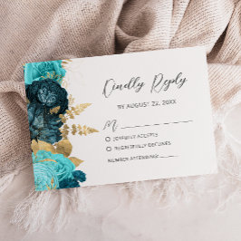 Teal Aqua Gold Floral Modern Script Wedding RSVP Kaartje
