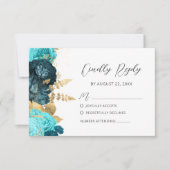Teal Aqua Gold Floral Modern Script Wedding RSVP Kaartje (Voorkant)