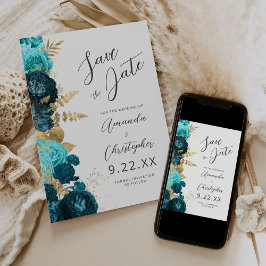 Teal Aqua Gold Floral Script Save the Date Aankondiging