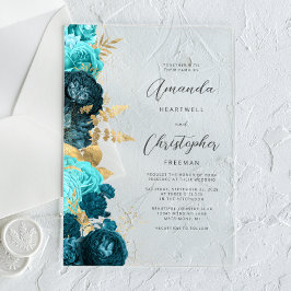 Teal Aqua Gold Floral Script Wedding Acryl Uitnodigingen