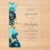 Teal Aqua Gold Floral Script Wedding Acryl Uitnodigingen (Voorkant)