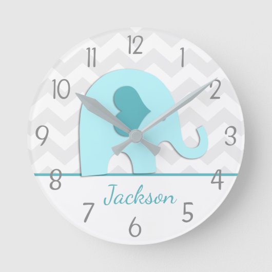 Teal Aqua Grey Elephant Nursery Wall Clock Ronde Klok (Voorkant)