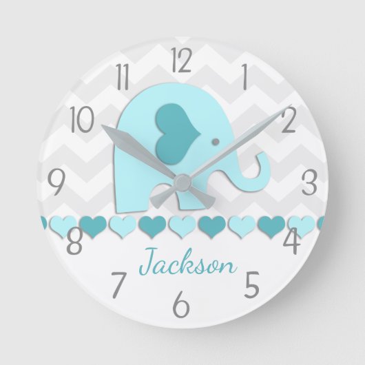 Teal Aqua Grey Elephant Nursery Wall Clock Ronde Klok (Voorkant)