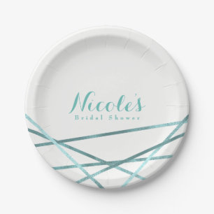 Teal Aqua Moderne Geometrische Lijnen Elegante Maa Papieren Bordje