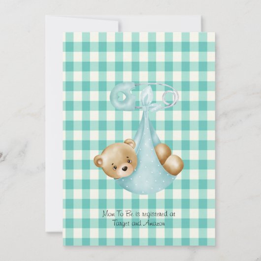 Teal Aqua Teddybeer Luier Gingham Op Maat Kaart (Achterkant)