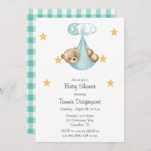 Teal Aqua Teddybeer Luier Gingham Op Maat Kaart (Voorkant / Achterkant)