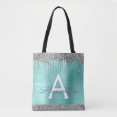 Teal Aqua Zilver Glitter Elegante Monogram Tote Bag (Voorkant)