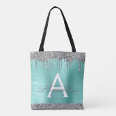 Teal Aqua Zilver Glitter Elegante Monogram Tote Bag (Achterkant)