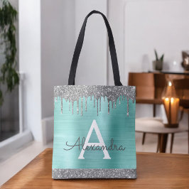 Teal Aqua Zilveren Glitter Elegant Monogram Tote Bag