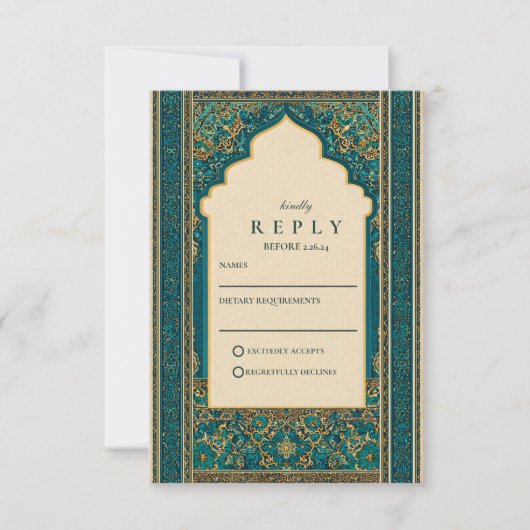 Teal Arch Islamic Wedding RSVP Kaartje (Voorkant)