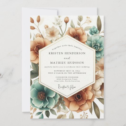 Teal Autumn Bloom Wedding Kaart (Voorkant)
