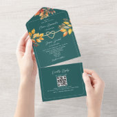 Teal Autumn QR Code Bruiloft All In One Uitnodiging (Afscheurbaar)