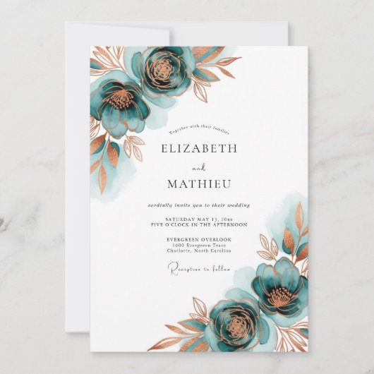 Teal Autumnal Bloom Wedding Kaart (Voorkant)