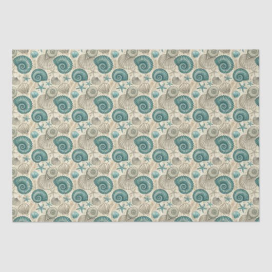 Teal & Beige Beach Shells Pattern Decoupage Tissuepapier (Voorkant)