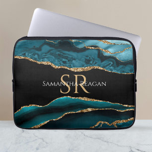 Teal Black and Gold Agate, DIY Name & Monogram Vs2 Laptop Sleeve