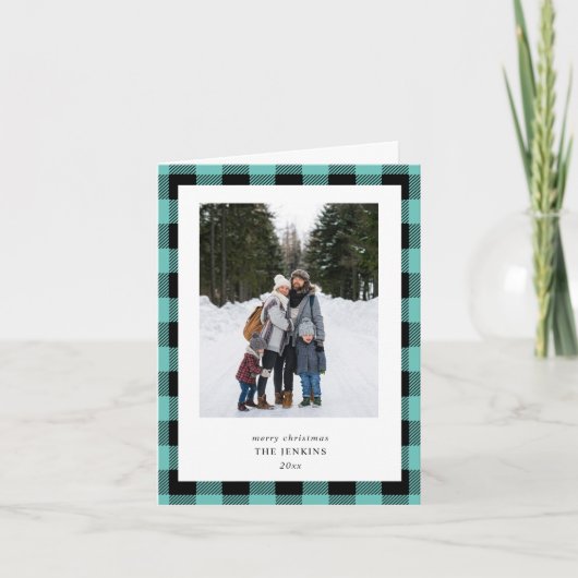Teal Black Buffalo Plaid Border 3 Photo Christmas Feestdagen Kaart (Voorkant)