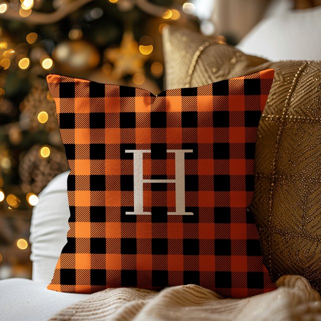 Teal Black Buffalo Plaid Monogram Holiday Kussen (Creator heeft geüpload)