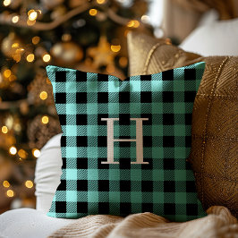 Teal Black Buffalo Plaid Monogram Holiday Kussen