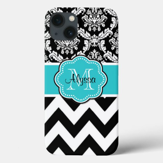 Teal Black Damask Chevron Monogram Case-Mate iPhone Case (Achterkant)