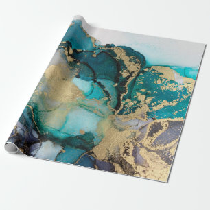 Teal Black Gold Alcohol Ink Fluid Artabstract, art Cadeaupapier