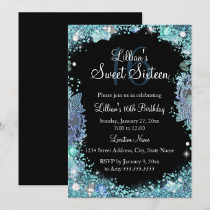 Teal Black Ocean Jewel Sweet 16 Verjaardagsuitnodi Kaart