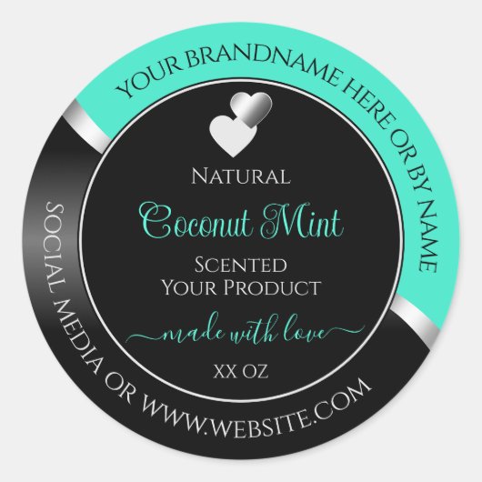 Teal Black Wavy Silver Cute Hearts Product Labels (Voorkant)