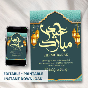 Teal Blau Geometrische Boog Eid Mubarak Kaart
