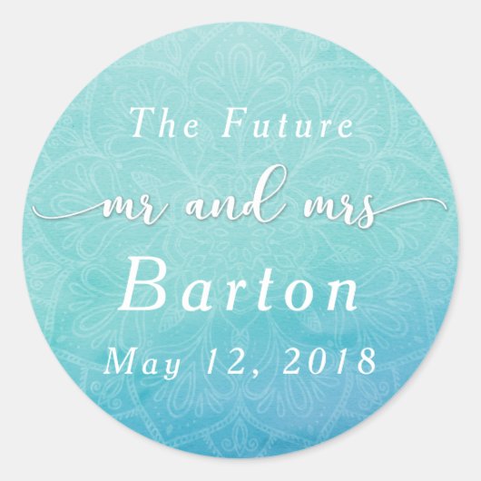 Teal & Blauw, Boho Mandala Trouwfeest Ronde Sticker (Voorkant)
