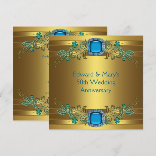 Teal Blauw Goud 50ste Huwelijksverjaardag Feest Kaart (Voorkant / Achterkant)