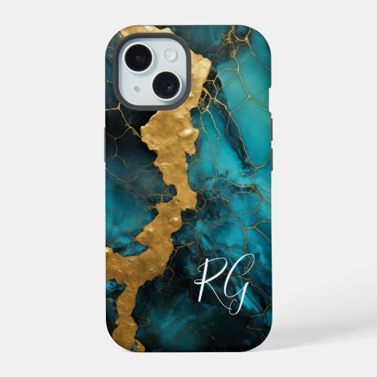 Teal Blauw Goud Abstract Marmer Monogram iPhone 15 Case (Achterkant)