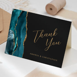 Teal Blauw Goud Agate Script Donkere Trouw Trouwka Kaart