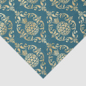Teal Blauw Goud Ananas Damast Tissuepapier (Detail)
