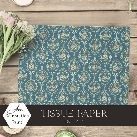 Teal Blauw Goud Ananas Damast Tissuepapier