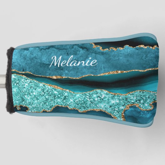Teal Blauw Goud Golf Head Cover met Aangepaste Naa (Voorkant)