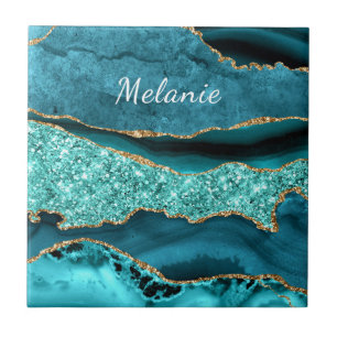 Teal Blauw Goud Marmer Aangepaste Naam Keramische  Tegeltje