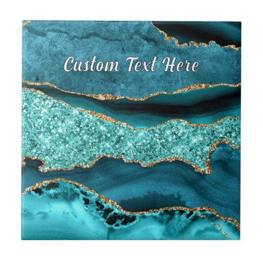 Teal Blauw Goud Marmer Aangepaste Tekst Keramische Tegeltje (Voorkant)