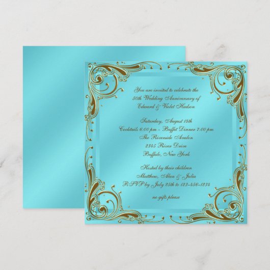 Teal Blauw Gouden 50ste Huwelijksjubileum Feest Kaart (Voorkant / Achterkant)