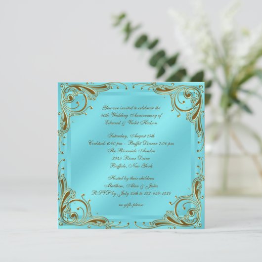 Teal Blauw Gouden 50ste Huwelijksjubileum Feest Kaart (Staand voorkant)