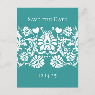 Teal Blauw Groen Vintage Damast Aqua Kleurverander Aankondigingskaart