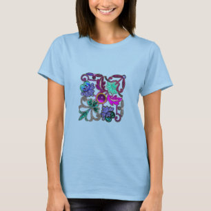 TEAL BLAUW PAARS WIT KANT BLOEMEN EN EDELGESTEENTE T-SHIRT