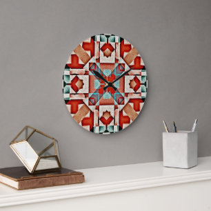 Teal Blauw Rood Roest Terracotta Tribale Kunst Pat Grote Klok