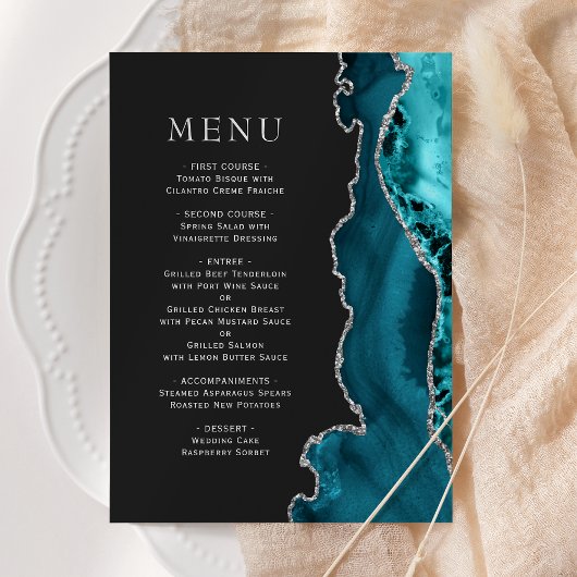 Teal Blauw Zilver Agate Donkere Bruiloft Menu