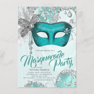 Teal Blauw Zilver Zoete 16 Maskerade Feest Kaart