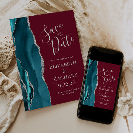 Teal Blauw Zilveren Agate Burgundy Save the Date K