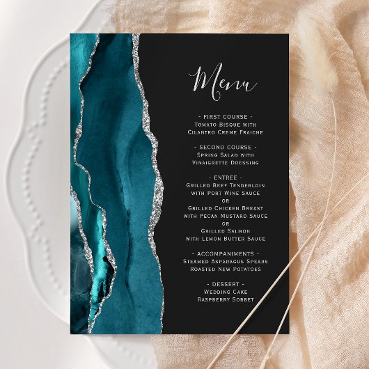 Teal Blauw Zilveren Agate Donkere Bruiloft Menu
