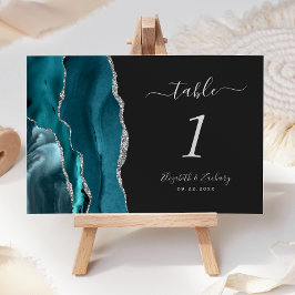Teal Blauw Zilveren Agate Donkere Trouwtafel Numme Kaart
