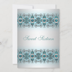 Teal Blauw Zilveren Kant Sweet Sixteen Uitnodiging