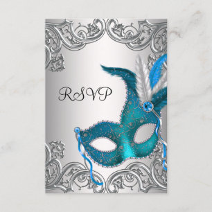 Teal Blauw Zilveren Masker Masquerade Feest RSVP Kaartje