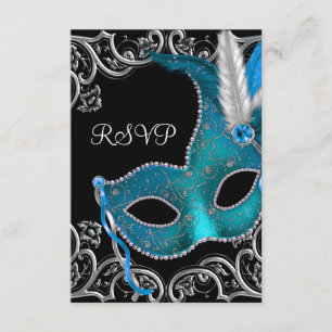 Teal Blauw Zilveren Masker Masquerade Feest RSVP Kaartje