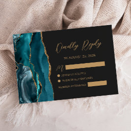 Teal Blauwe Agaat Gouden Calligrafie Schrift Huwel RSVP Kaartje